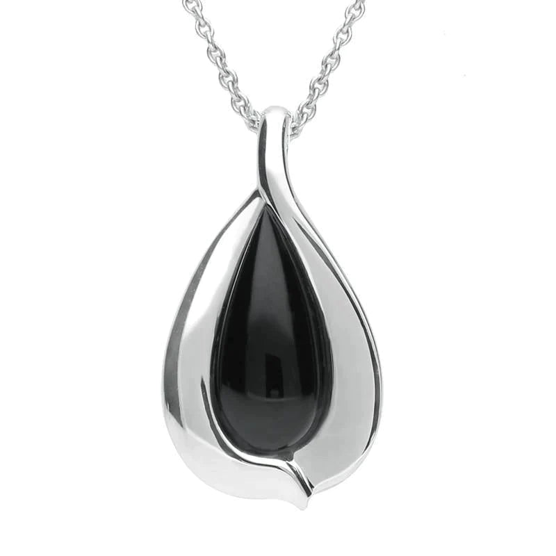 Sterling Silver Whitby Jet Wide Edge Pear Necklace - Silver