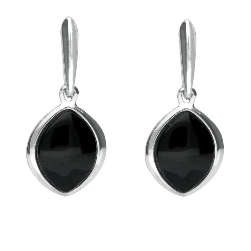 Sterling Silver Whitby Jet Wide Marquise Drop Earrings - Silver