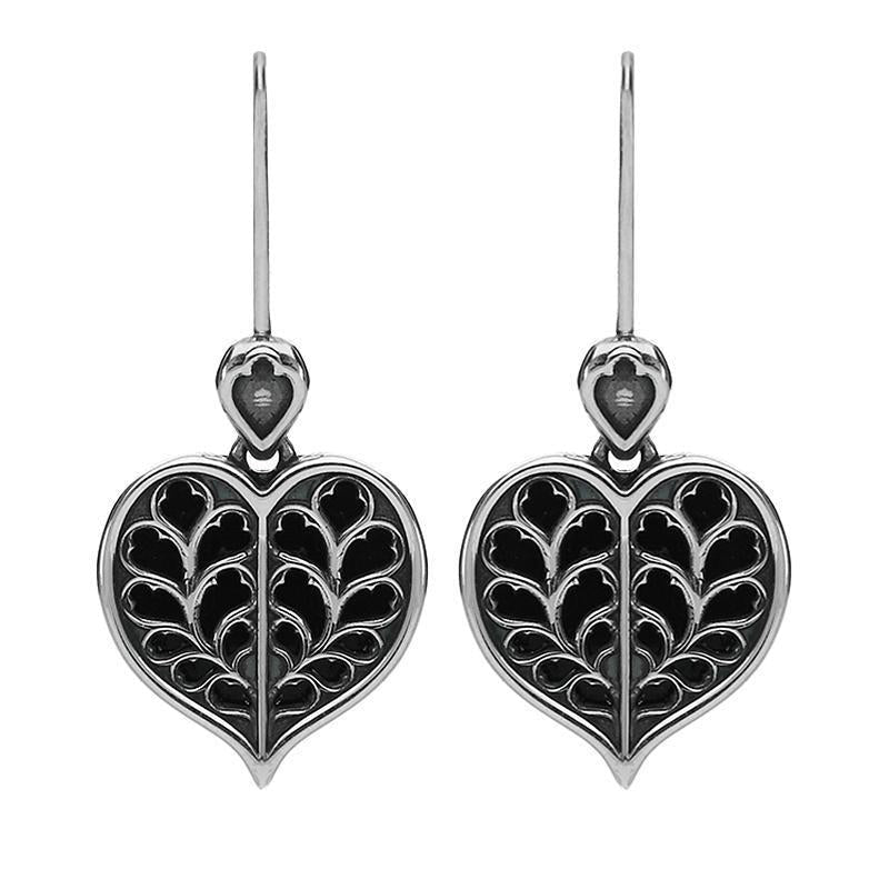 Sterling Silver Whitby Jet York Minster Heart Hook Earrings - Silver