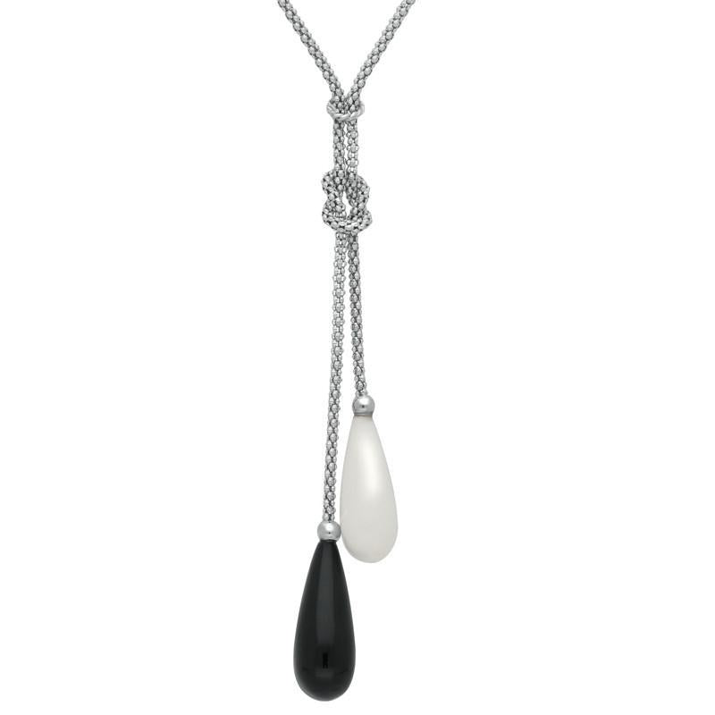 Sterling Silver Whitby Jet and Bauxite 2 Stone Knot Drop Necklace - Silver