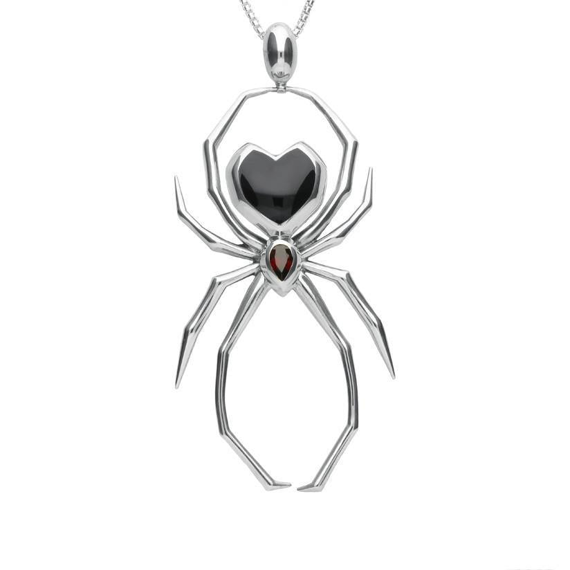 Sterling Silver Whitby Jet and Garnet 100mm Spider Egg Bail Pendant - Silver