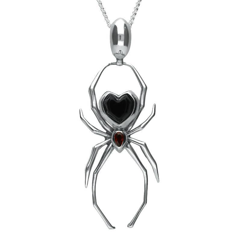 Sterling Silver Whitby Jet & Garnet 55mm Spider Egg Bail Necklace - Silver