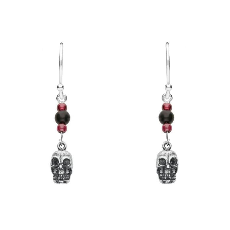 Sterling Silver Whitby Jet and Garnet Mini Skull 3 Stone Drop Earrings - Silver