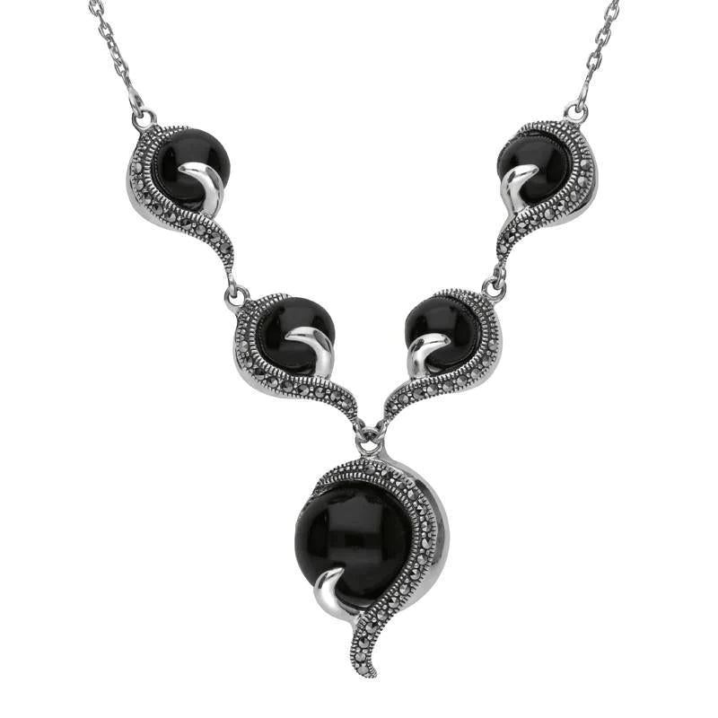 Sterling Silver Whitby Jet and Marcasite 5 Stone Swirl Necklace - Silver