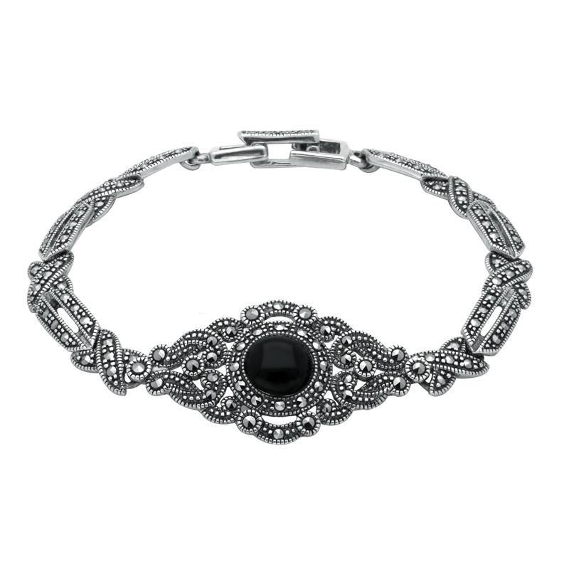 Sterling Silver Whitby Jet and Marcasite Fancy Tapered Bracelet - Silver