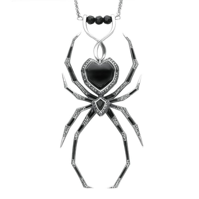 Sterling Silver Whitby Jet and Marcasite Gothic Spider Necklace - Silver