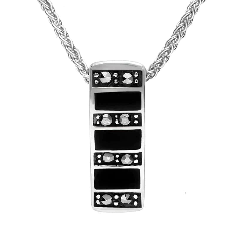 Sterling Silver Whitby Jet Marcasite Seven Row Small Oblong Necklace - Silver