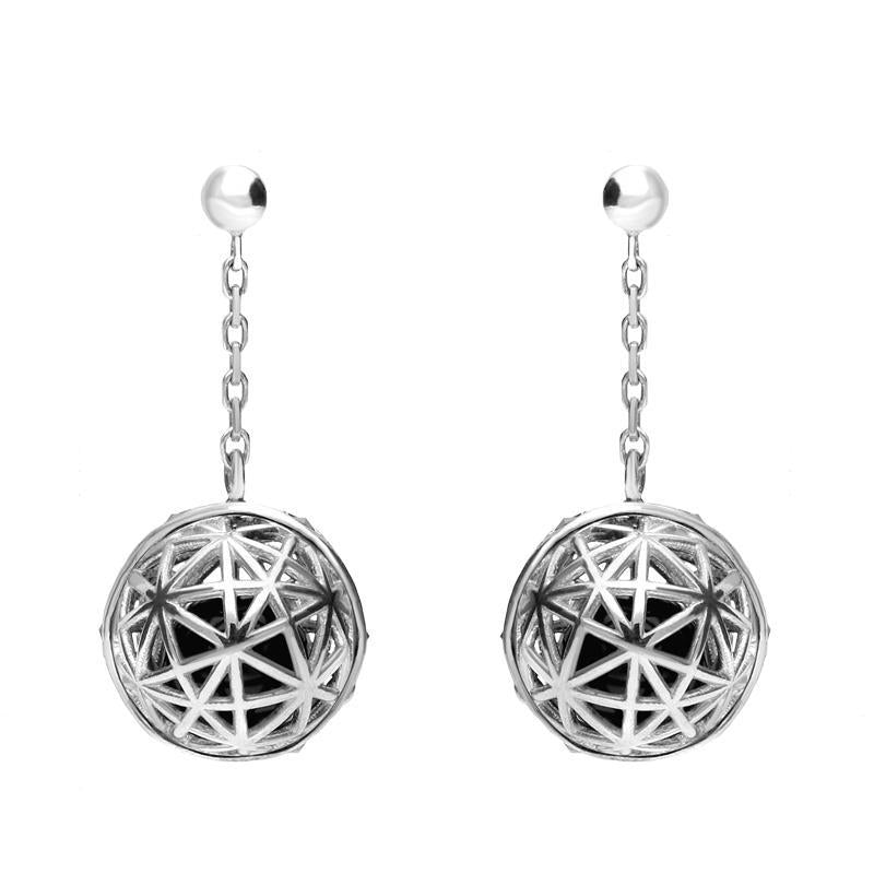 Sterling Silver Whitby Jet and Marcasite Sphere Cage Drop Earrings - Silver