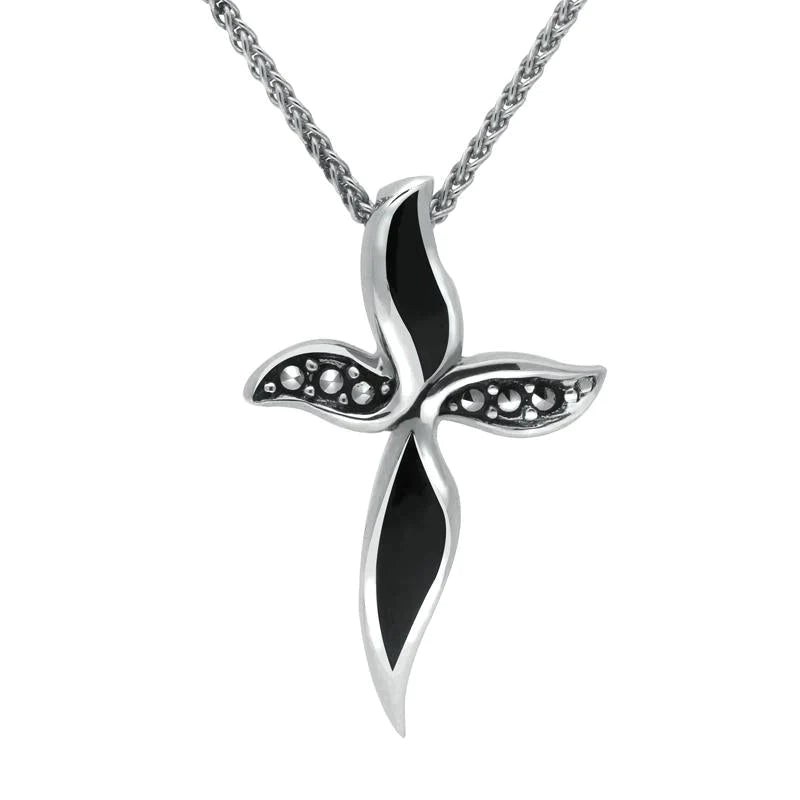 Sterling Silver Whitby Jet and Marcasite Wavy Cross Necklace - Silver