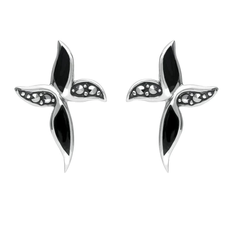 Sterling Silver Whitby Jet and Marcasite Wavy Cross Stud Earrings - Silver