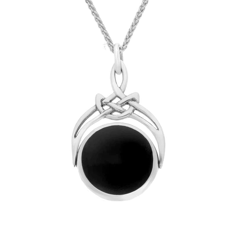 Sterling Silver Whitby Jet Mother of Pearl Round Swivel Fob Necklace - Silver