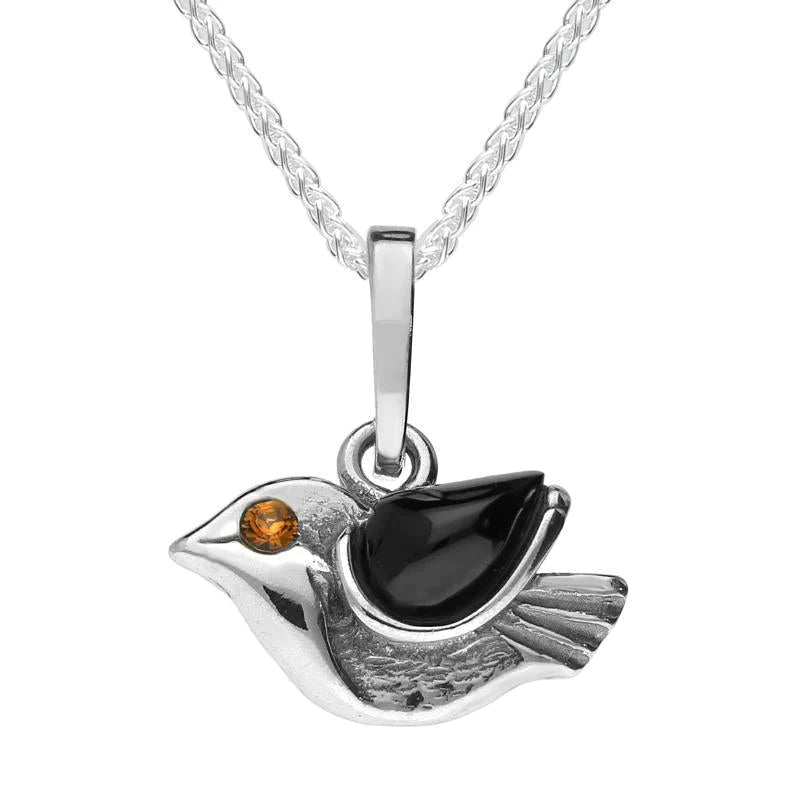 Sterling Silver Whitby Jet Small Bird Necklace - Option1 Value Silver