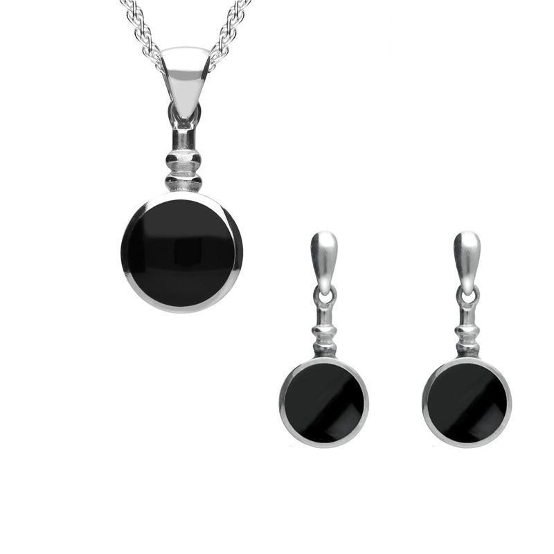 Sterling Silver Whitby Jet Round Bottletop Two Piece Set