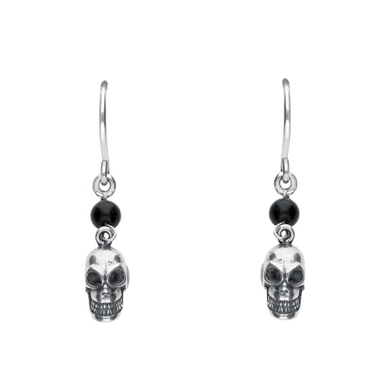 Sterling Silver Whitby jet Mini Skull One Stone Drops Earrings - Silver