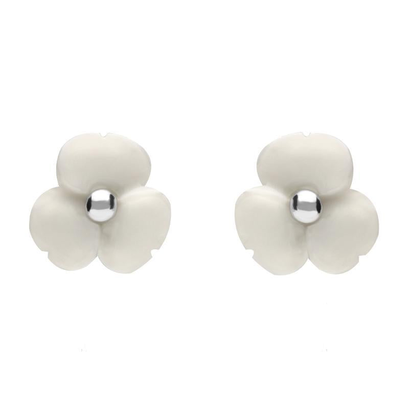 Sterling Silver White Agate Tuberose 8mm Clover Stud Earrings - Silver