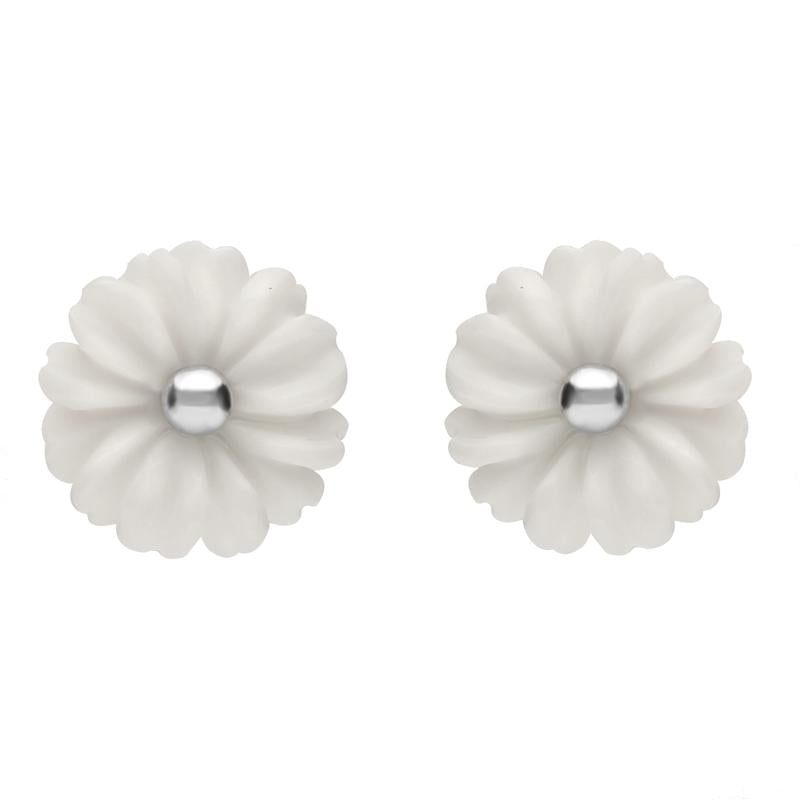 Sterling Silver White Agate Tuberose 8mm Daisy Stud Earrings - Silver