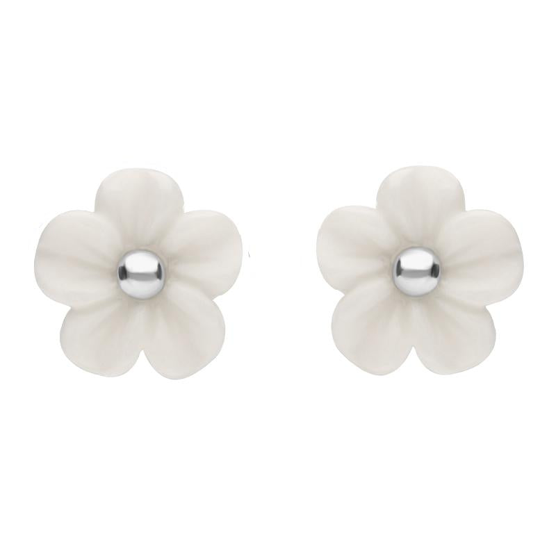 Sterling Silver White Agate Tuberose 8mm Desert Rose Stud Earrings - Silver