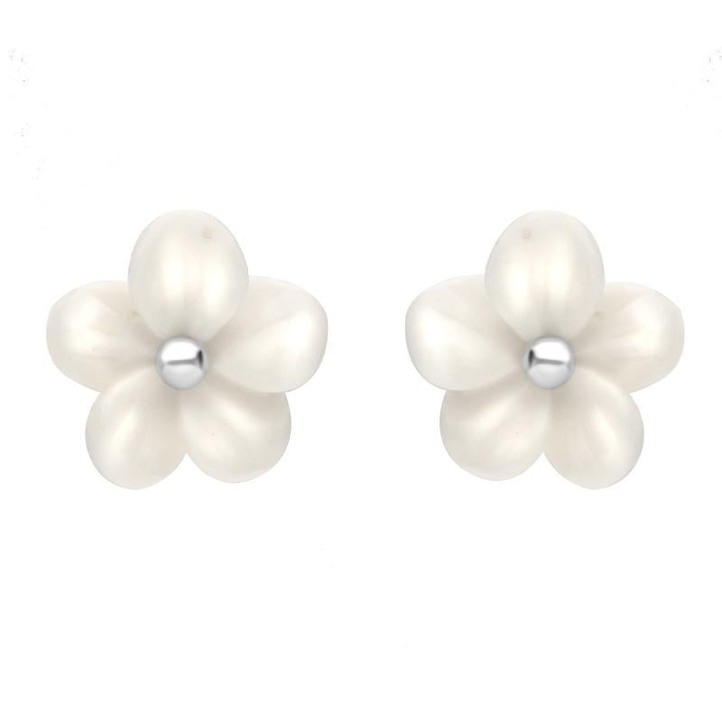Sterling Silver White Agate Large Tuberose 10mm Pansy Stud Earrings - Silver