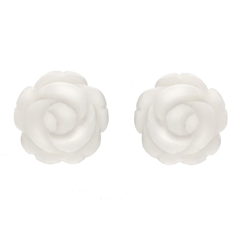 Sterling Silver White Agate Tuberose 10mm Rose Stud Earrings - Silver