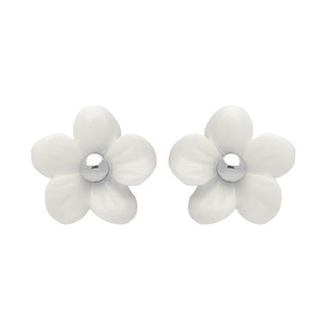 Sterling Silver White Agate Tuberose 8mm Pansy Stud Earrings - Silver