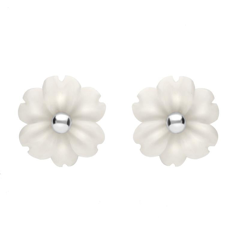 Sterling Silver White Agate Tuberose 8mm Dahlia Stud Earrings - Silver