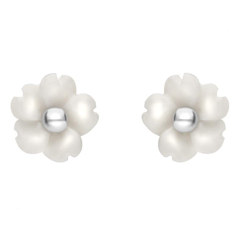 Sterling Silver White Agate Tuberose 6mm Gypsophila Stud Earrings - Silver