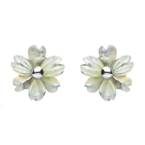 Sterling Silver White Mother of Pearl Tuberose 8mm Dahlia Stud Earrings - Silver