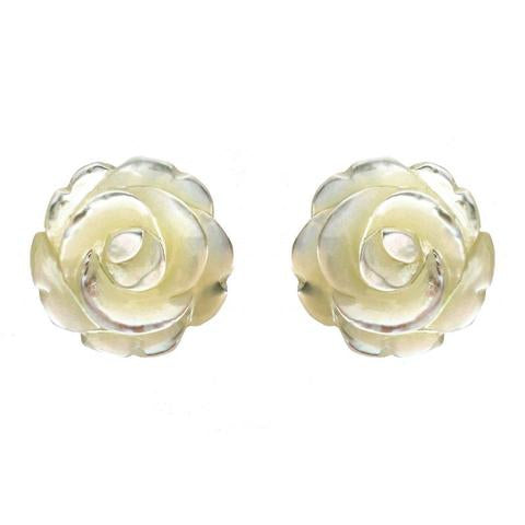 Sterling Silver White Mother of Pearl Tuberose 10mm Rose Stud Earrings - Silver