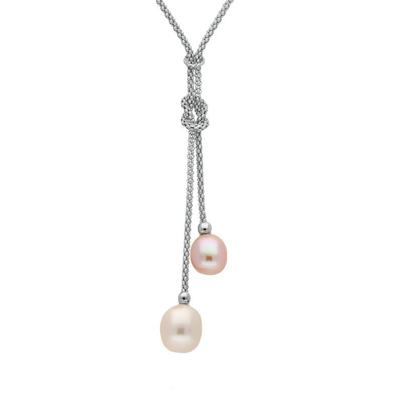 Sterling Silver White Peach Pearl Two Stone Knot Drop Necklace - Silver