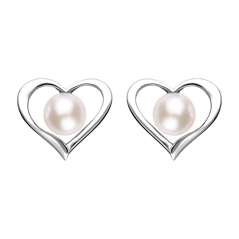 Sterling Silver White Pearl Open Heart Stud Earrings