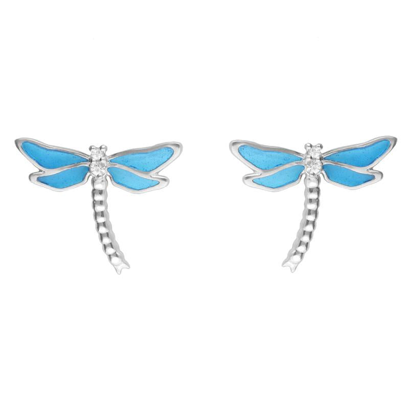 Sterling Silver White Sapphire Blue Enamel House Style Dragonfly Stud Earrings - Silver