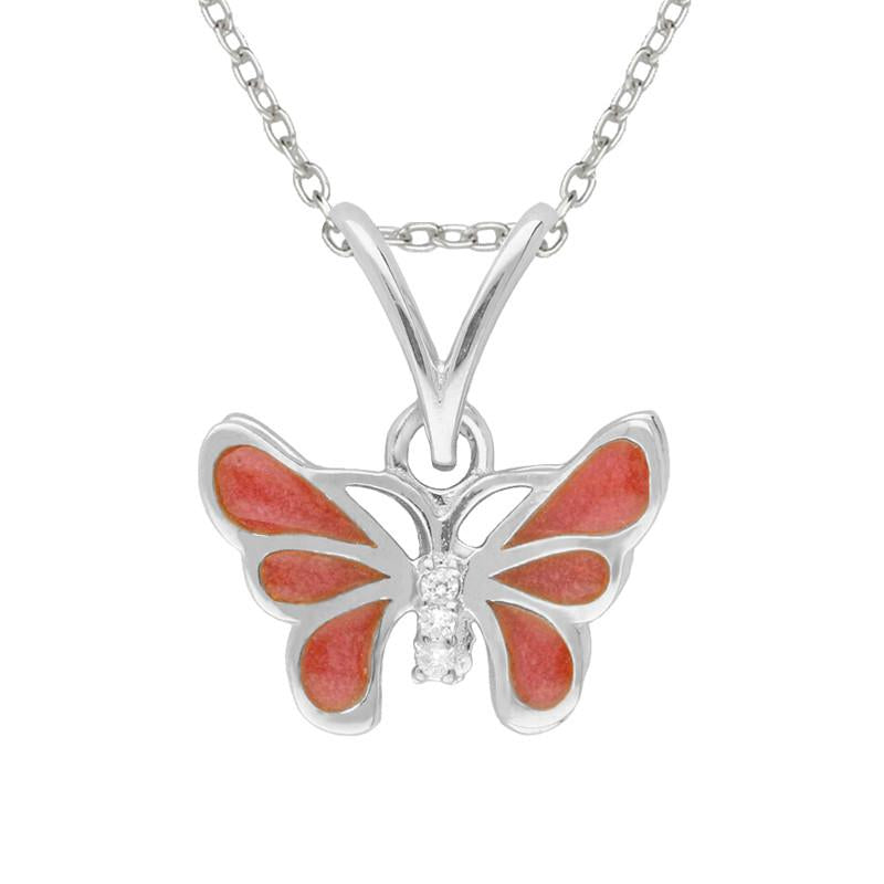 Sterling Silver White Sapphire Red Enamel House Style Butterfly Necklace