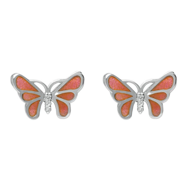 Sterling Silver White Sapphire Red Enamel House Style Butterfly Stud Earrings - Silver