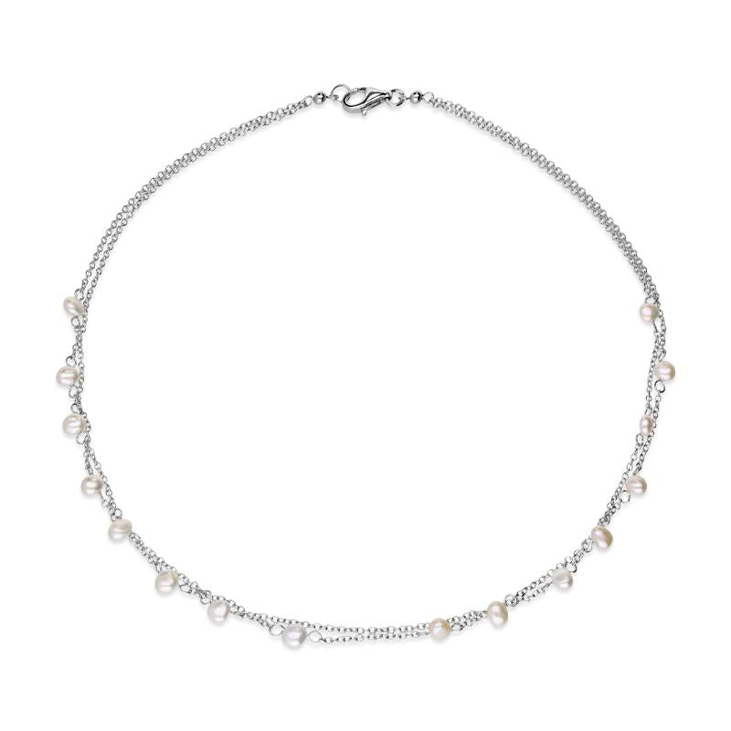 Sterling Silver White and Silver Pearl Double Chain Necklace D