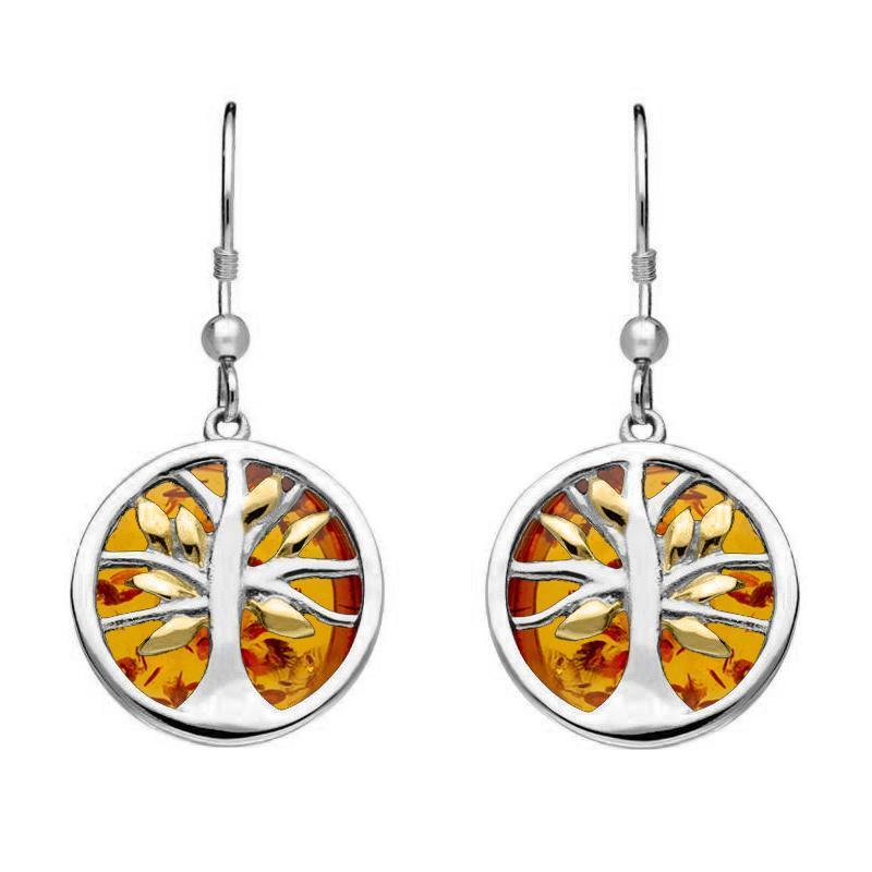 Sterling Silver Yellow Gold Plate Amber Round Tree of Life Drop Earrings
