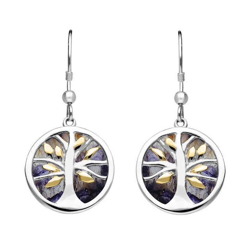Sterling Silver Gold Plate Blue John Round Tree of Life Drop Earrings