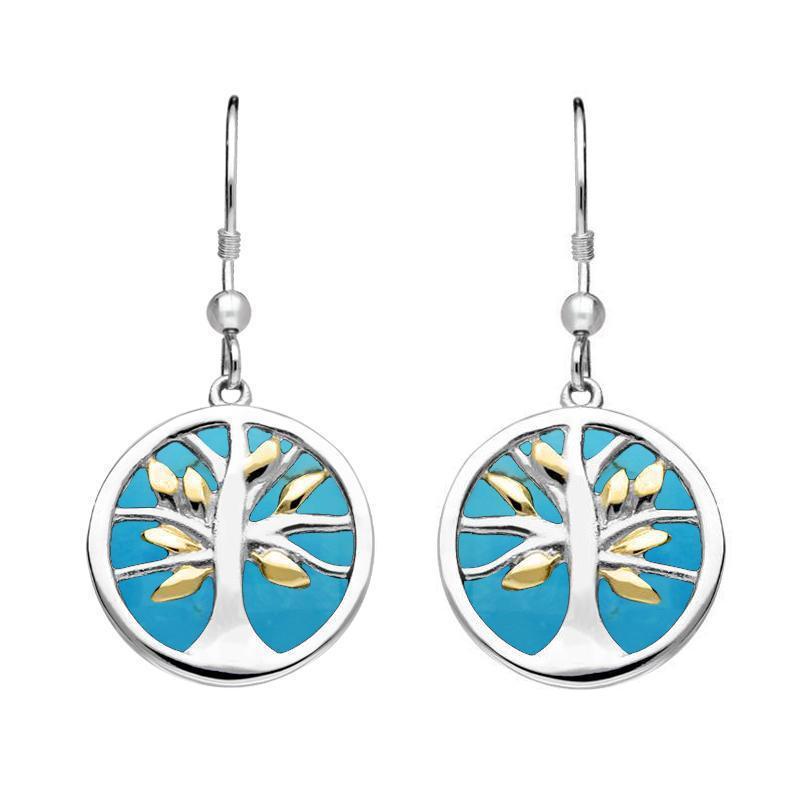 Sterling Silver Gold Plate Turquoise Round Tree of Life Drop Earrings