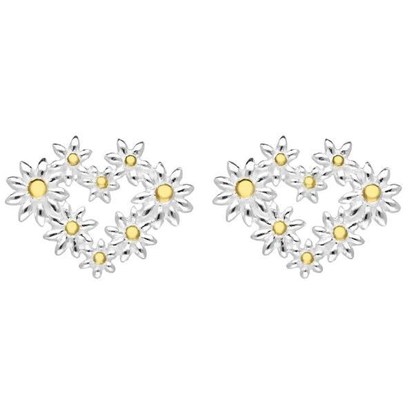 Yellow Gold Plated Sterling Silver Daisy Heart Shaped Stud Earrings