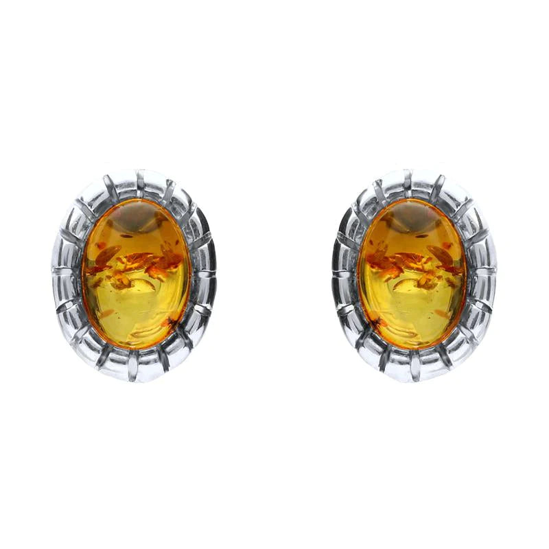 Sterling Silver Baltic Amber Oval Beaded Edge Small Stud Earrings - Silver