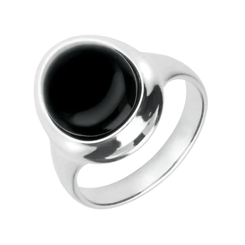 Sterling Silver Whitby Jet Oval Framed Ring - Silver