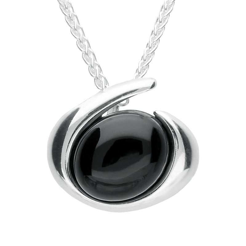 Sterling Silver and Whitby Jet Oval Swirl Necklace - Option1 Value Silver