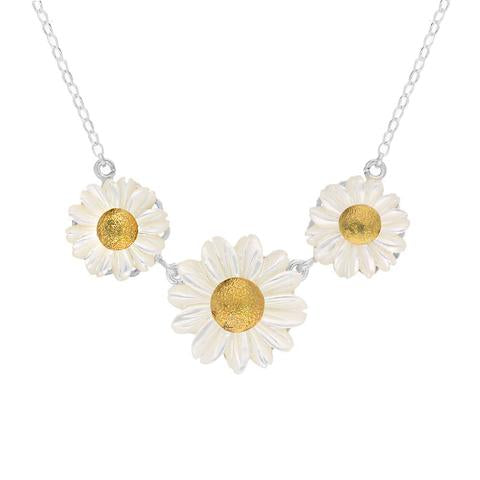 Sterling Silver and Yellow Gold White Mother Of Pearl Tuberose Triple Daisy Necklace - Option1 Value Yellow Gold
