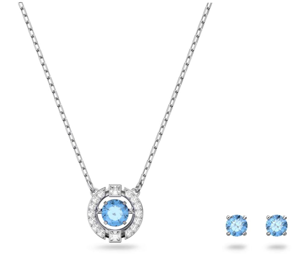 Swarovski Sparkling Dance Rhodium Plated Blue Crystal Pendant Earring Set - Silver