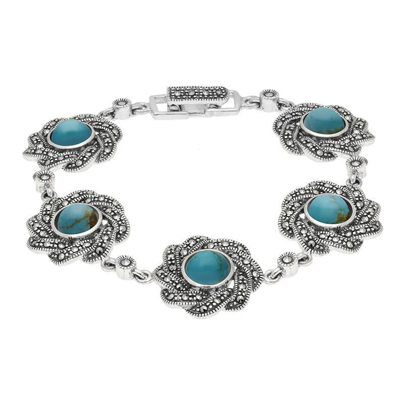 Sterling Silver Turquoise Marcasite Flower Link Bracelet - Silver
