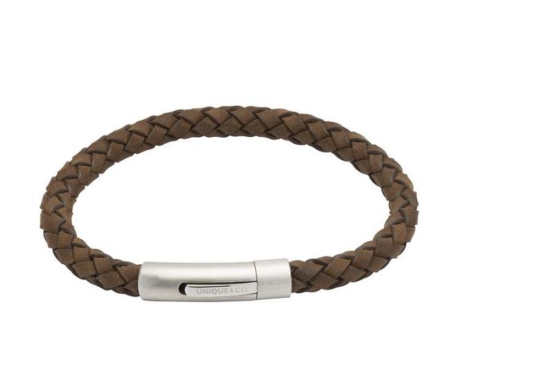 Unique & Co Brushed Stainless Steel Brown Leather Bracelet