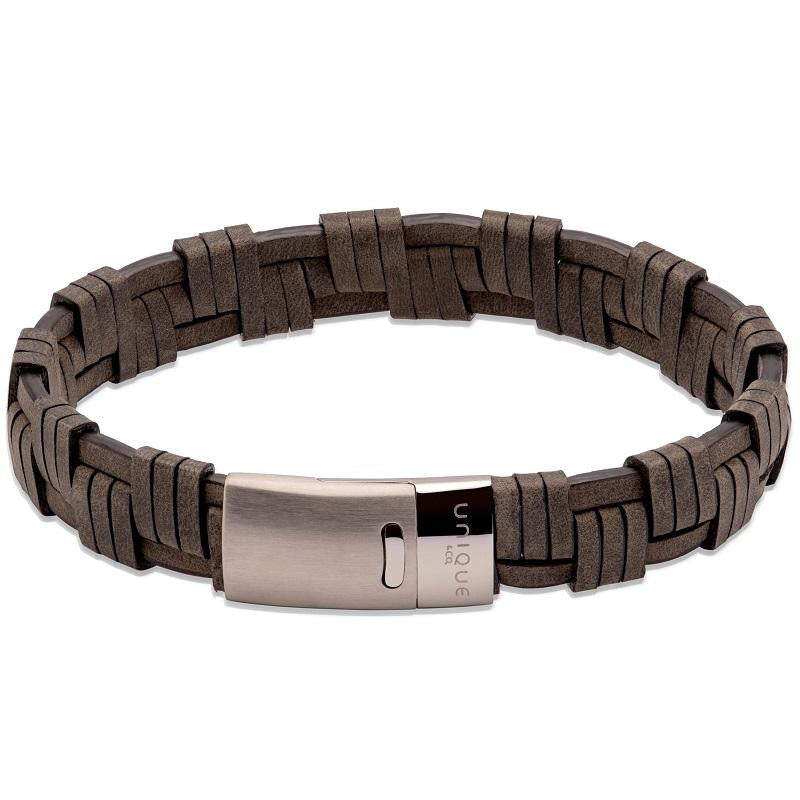 Unique & Co Matte Stainless Steel Antique Black Leather Bracelet
