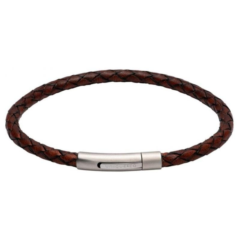 Unique & Co Matte Stainless Steel Dark Brown Leather Bracelet