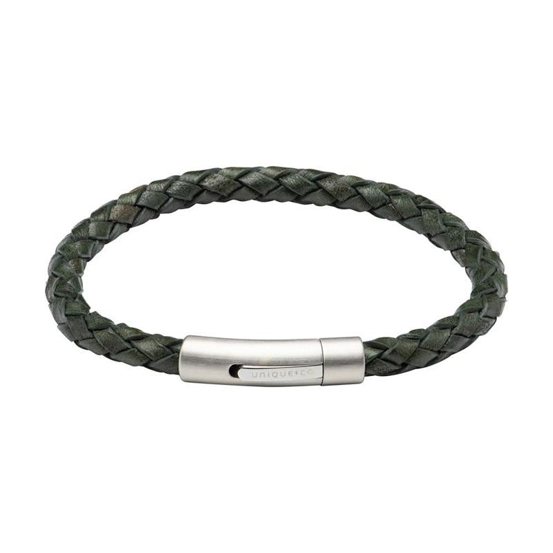 Unique & Co Matte Stainless Steel Dark Green Leather Bracelet