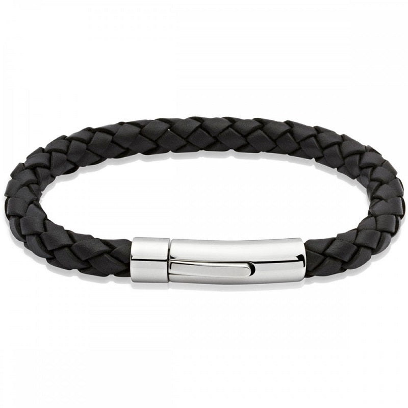 Unique & Co Stainless Steel Black Leather Bracelet