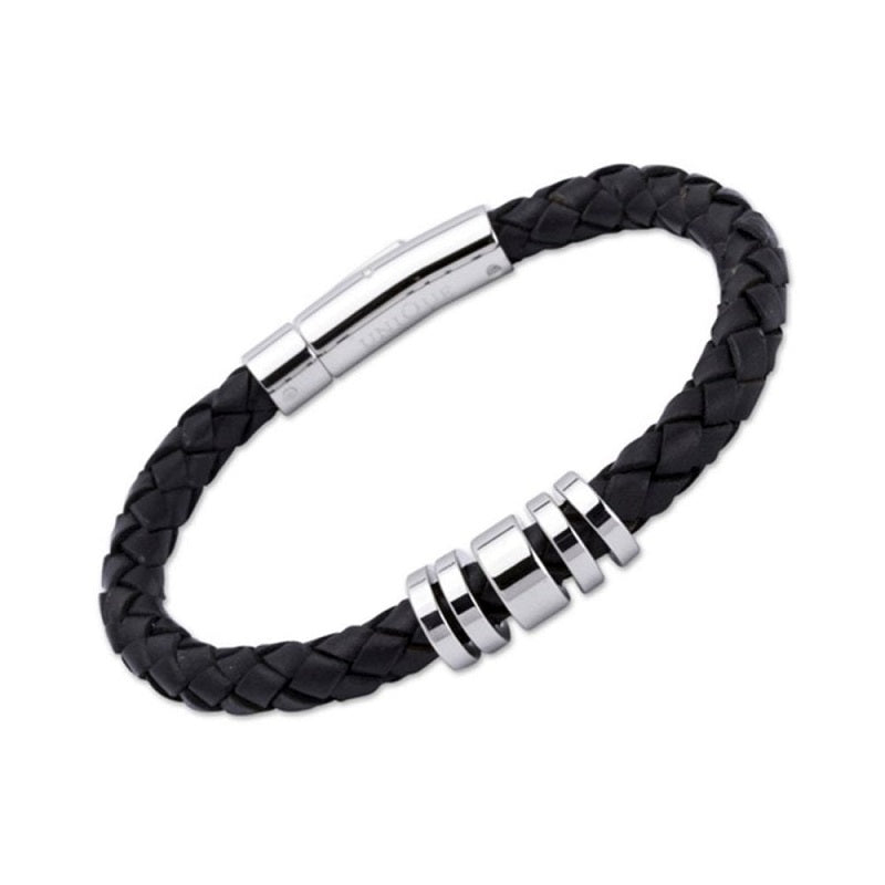 Unique & Co Stainless Steel Black Leather Steel Elements Bracelet